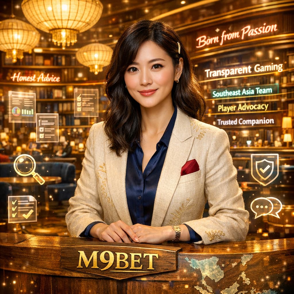 Professional Asian presenter at M9BET editorial studio representing a passionate Southeast Asian team dedicated to transparent honest online casino Singapore real money gaming reviews and responsible player advocacy.