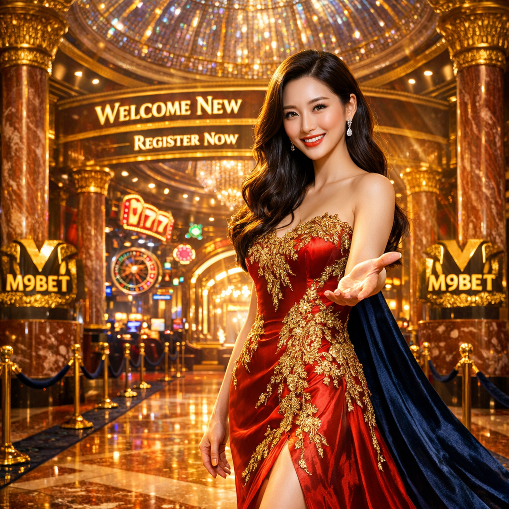 Professional Asian presenter welcoming new players to M9BET luxury casino entrance with instant registration, premium games, secure Singapore payments, and generous welcome bonuses for online casino real money gaming.
