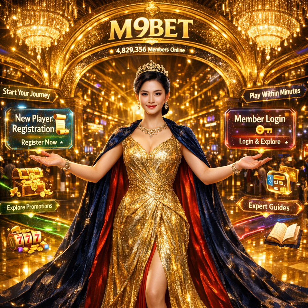 Professional Asian presenter at M9BET luxury casino gateway welcoming new and existing online casino Singapore real money players to register, claim bonuses, login for promotions, or explore expert guides and strategies across Southeast Asia.
