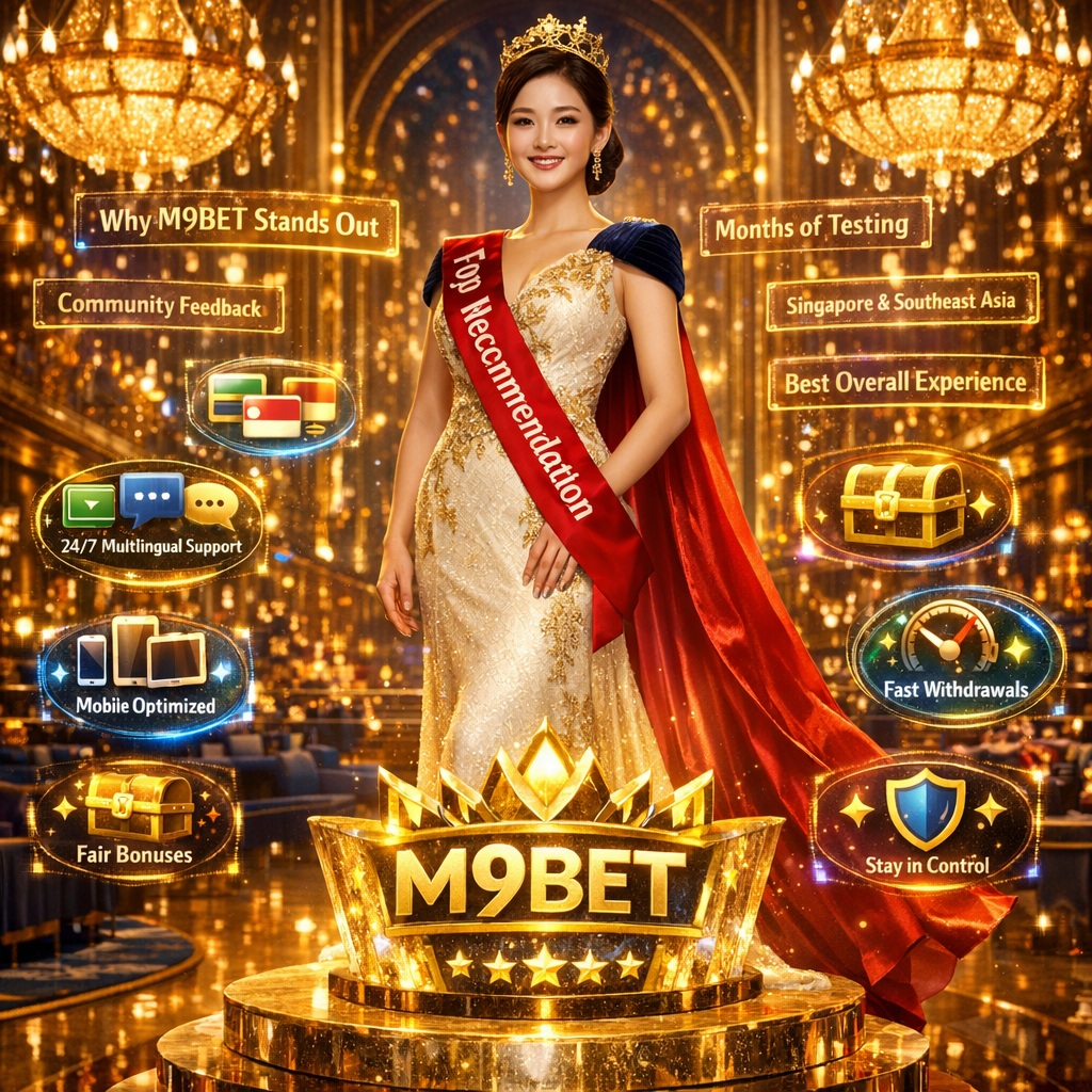 Professional Asian presenter at M9BET victory podium celebrating top recommendation status for online casino Singapore real money gaming with localized payments, 24/7 multilingual support, mobile optimization, fair bonuses, and responsible gaming tools across Southeast Asia.