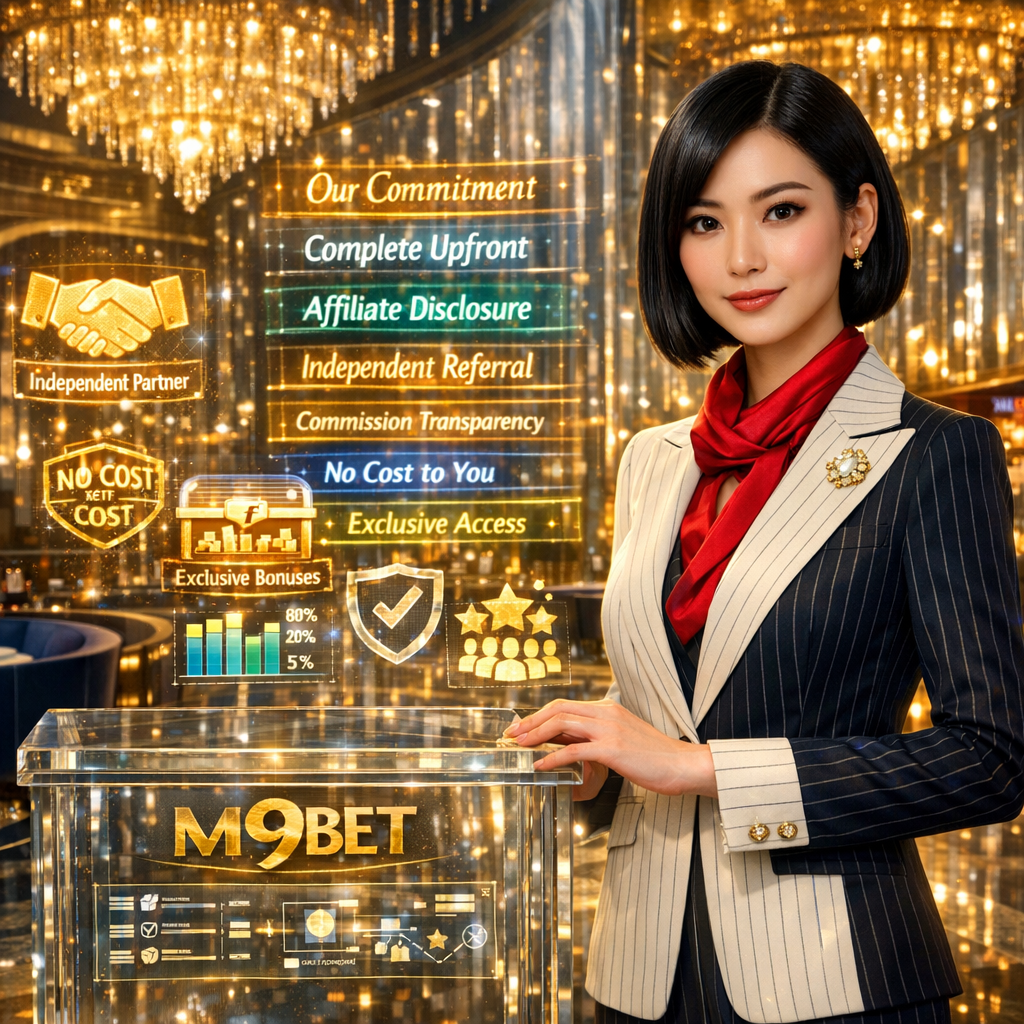 Professional Asian presenter at M9BET transparent disclosure podium explaining honest affiliate partnership with exclusive bonuses and no extra cost for online casino Singapore real money players seeking trustworthy transparent gaming guidance.