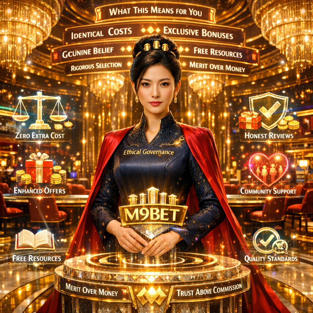 Professional Asian presenter at M9BET integrity sanctuary explaining zero extra cost, exclusive bonuses, honest reviews, and merit-based endorsement for online casino Singapore real money players prioritizing trust over commissions.