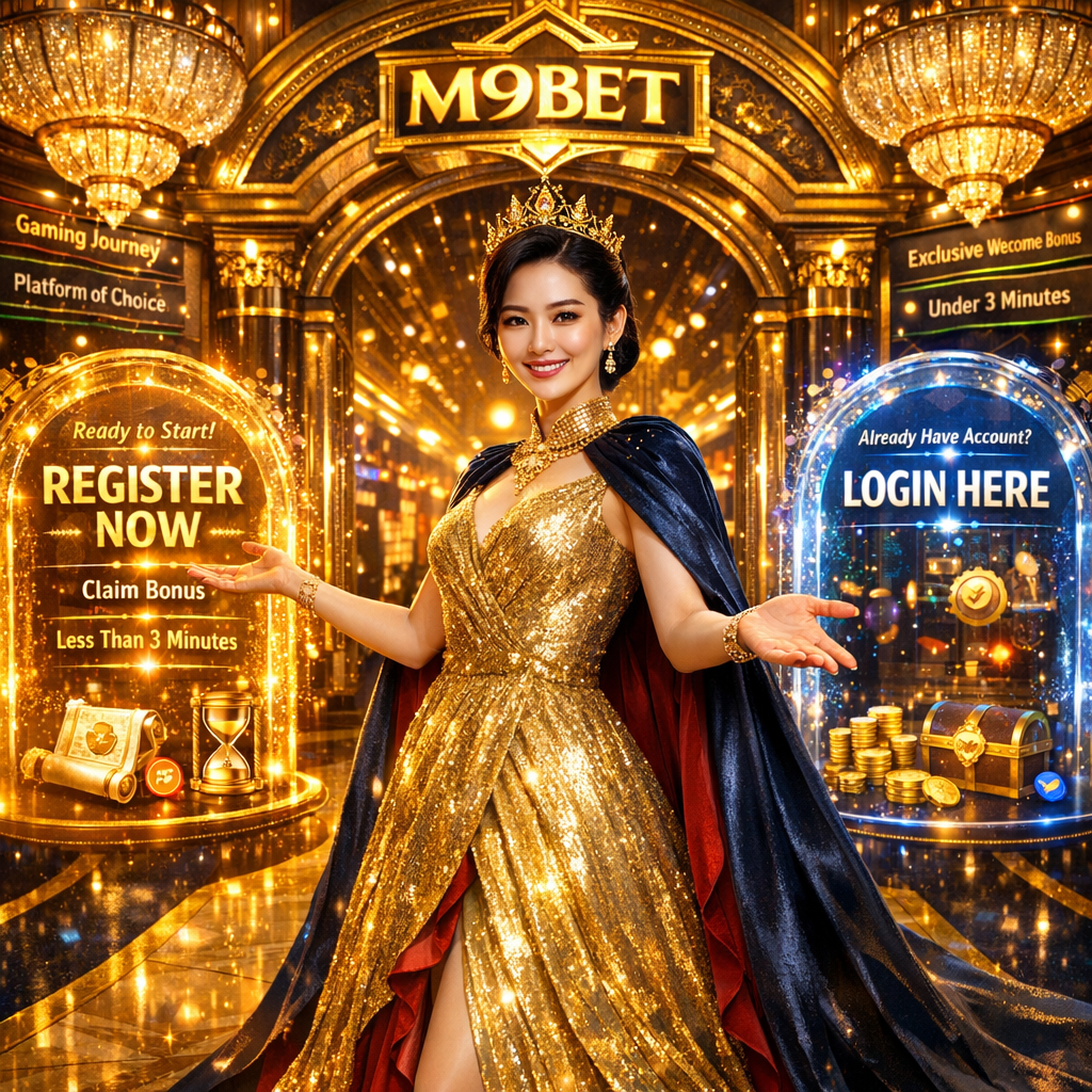 Professional Asian presenter at M9BET grand gateway inviting new players to register and claim exclusive welcome bonus or login to continue online casino Singapore real money gaming adventure with thousands of satisfied Southeast Asian players.