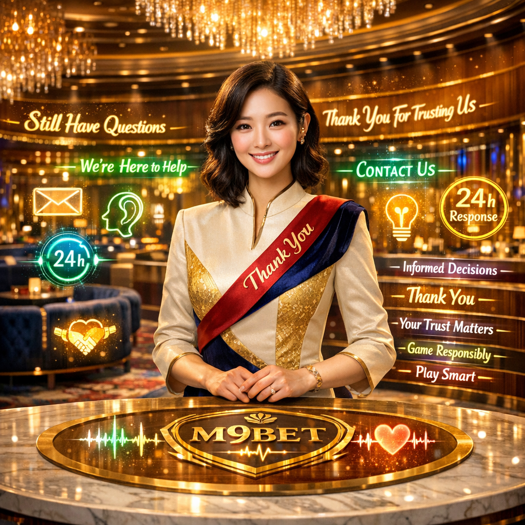 Professional Asian presenter at M9BET inquiry sanctuary offering 24-hour support for online casino Singapore real money questions, expressing gratitude for player trust and promoting responsible gaming, smart play, and enjoyable experience.
