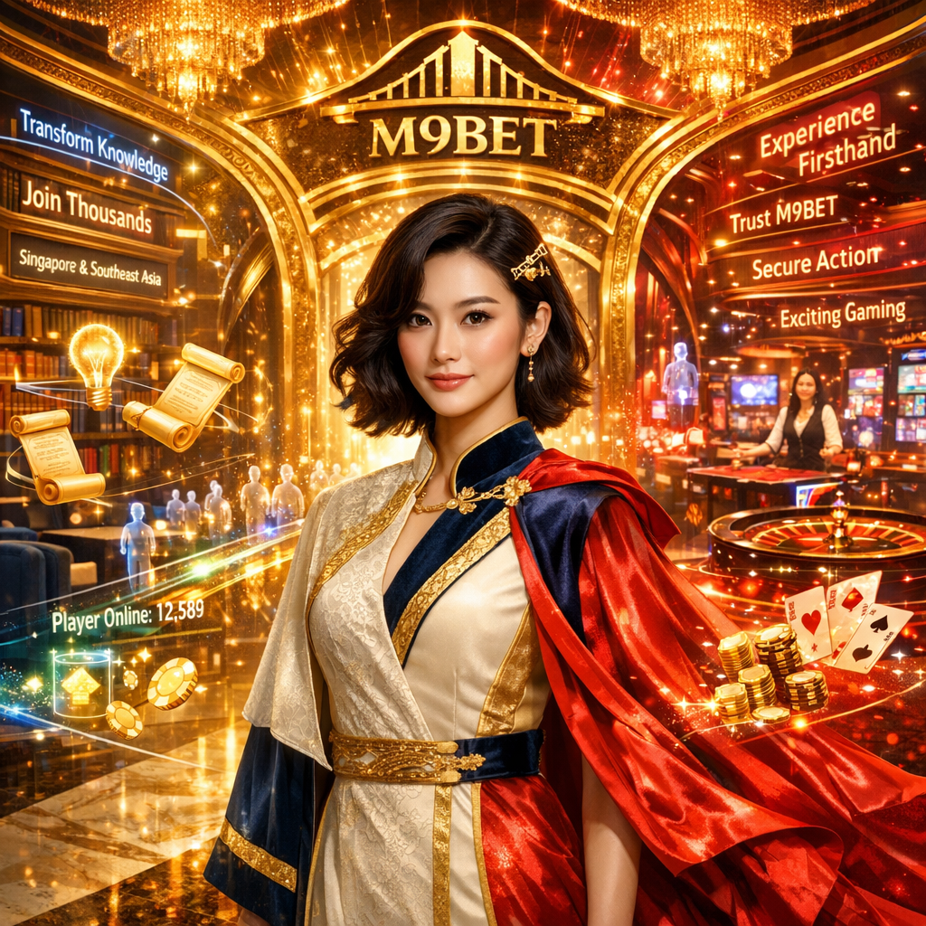 Professional Asian presenter bridging M9BET learning center and live gaming floor, inviting online casino Singapore real money players to transform knowledge into secure exciting action with thousands of trusted Southeast Asian players.