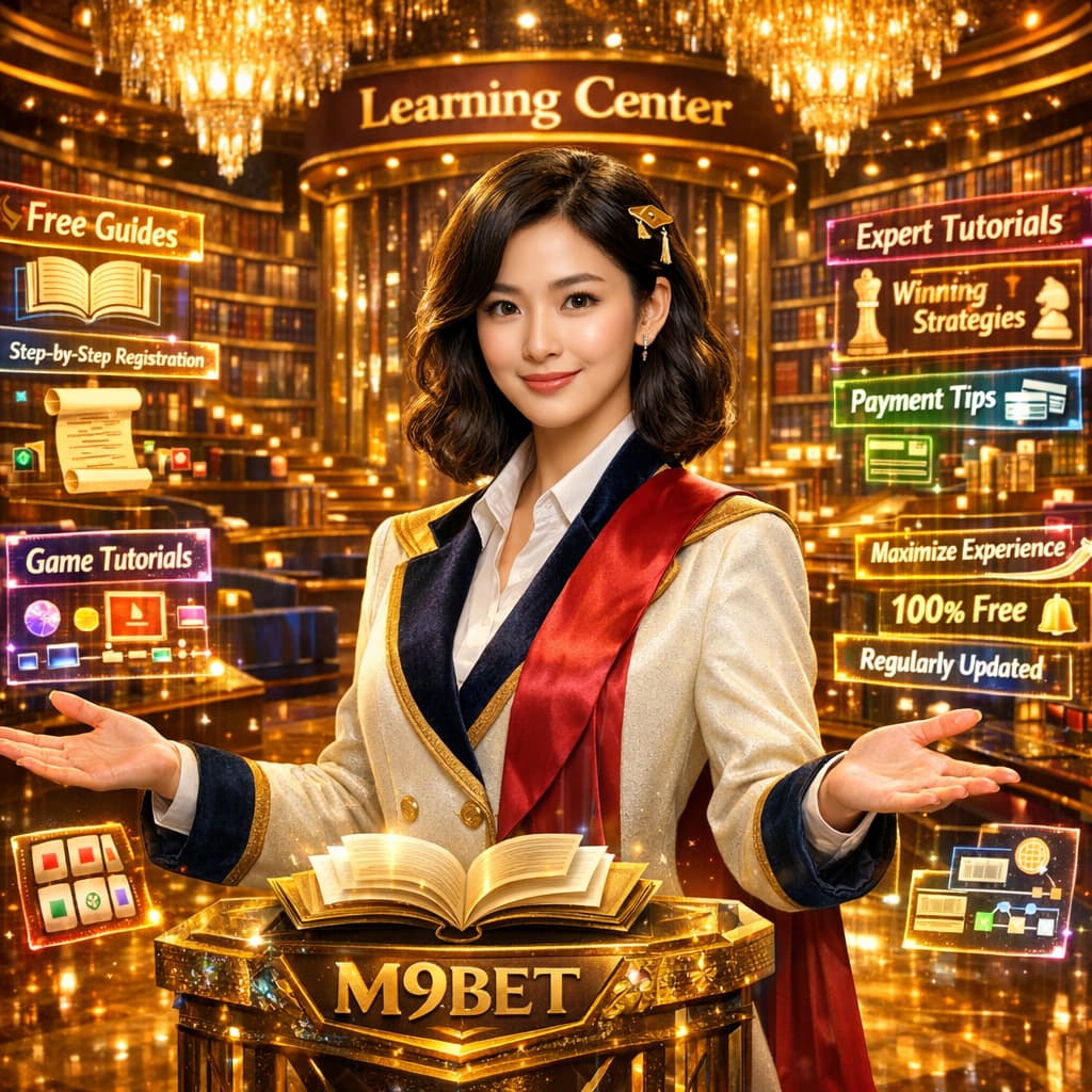 Professional Asian educator at M9BET Learning Center offering free expert guides, game tutorials, payment tips, and winning strategies for online casino Singapore real money players in a luxury educational atrium.