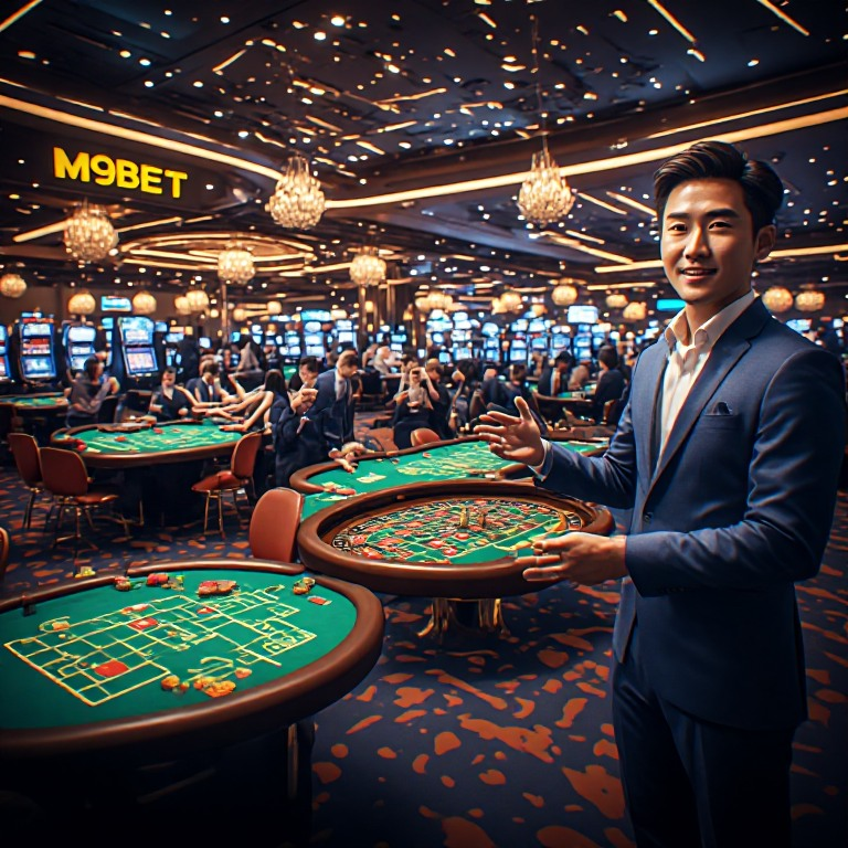 A photorealistic 1:1 image showcasing M9BET’s dominance in the Singapore online casino scene. A professional Asian male presenter stands before a vibrant virtual casino floor with diverse gaming tables and avatars. The image highlights M9BET’s leadership, innovation, and superior gaming experience, using a color palette of navy, gold, and neon green, and subtly incorporating Singaporean elements. The M9BET logo is prominently displayed.