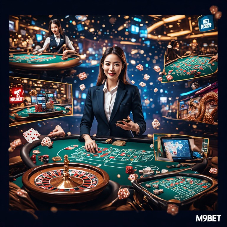 A photorealistic 1:1 image showcasing M9BET’s diverse game portfolio, featuring a live dealer Baccarat game as the focal point, surrounded by vignettes of Dragon Tiger, Sic Bo, and Roulette. A professional Asian female presenter is subtly integrated, highlighting the variety of options and the premium gaming experience offered by M9BET Online Casino in Singapore. The M9BET logo is subtly displayed.