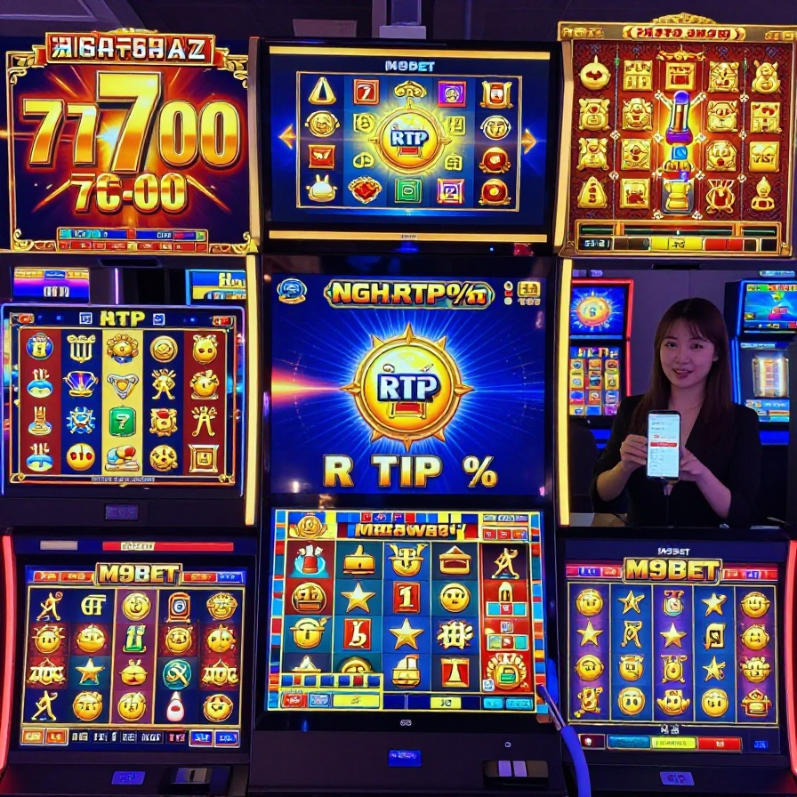 A photorealistic 1:1 image showcasing M9BET’s high-RTP slot machine offerings, featuring a jackpot slot with a high RTP percentage as the focal point. Surrounding it are vignettes of progressive jackpots, Asian-themed slots, and Megaways™ titles. A professional Asian female presenter is subtly integrated, highlighting the exciting gaming opportunities available on M9BET Online Casino in Singapore. The M9BET logo is subtly displayed.