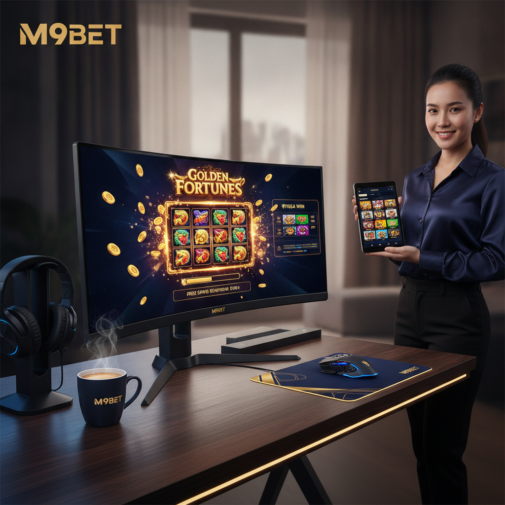 A photorealistic 1:1 image promoting M9BET’s online slot gaming collection in Singapore. A sleek gaming setup with a high-resolution monitor displaying a dynamic slot game is the focal point, with a professional Asian female presenter holding a tablet in the background. The image highlights the convenience and excitement of playing premium slots on M9BET Online Casino, using a color palette of navy, gold, and neon accents. The M9BET logo is subtly displayed.

