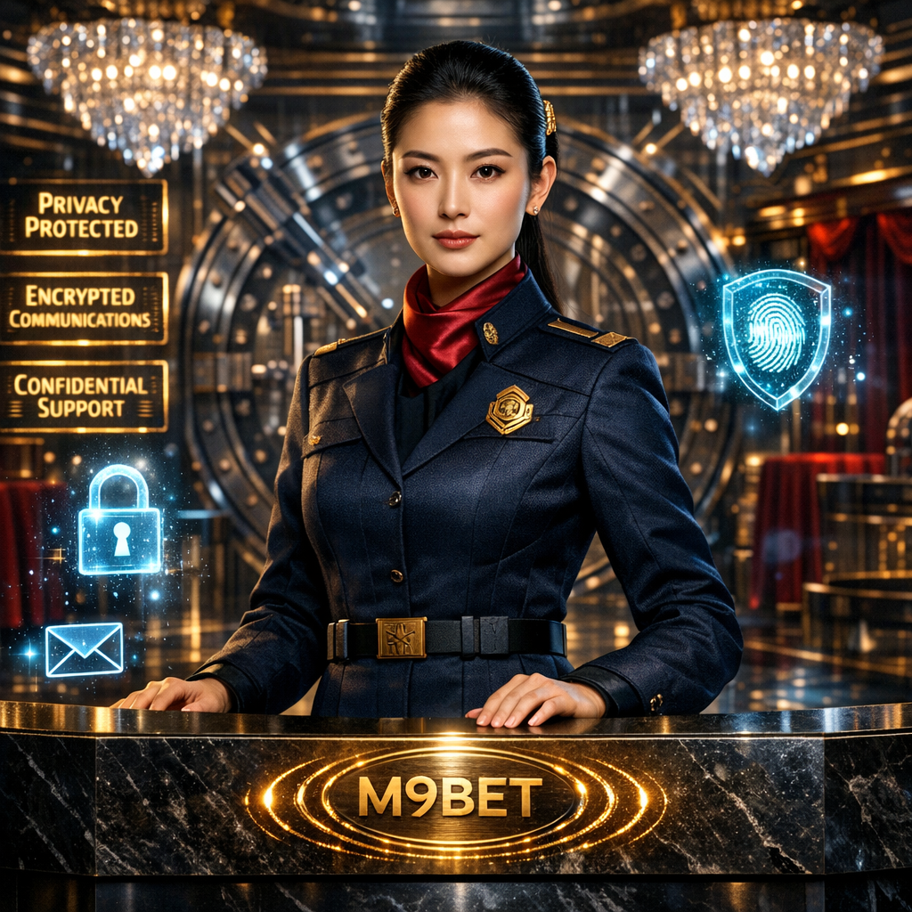 Professional Asian security expert at M9BET luxury casino vault ensuring encrypted privacy protection and confidential support for online casino Singapore real money player data and account communications.
