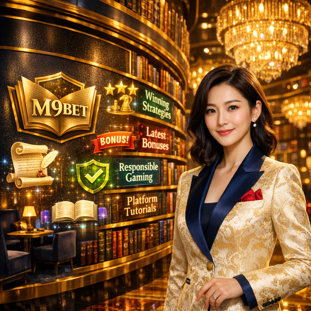 Professional Asian presenter at M9BET luxury casino digital library resource center offering expert game reviews, winning strategies, bonus updates, and responsible gaming guides for online casino Singapore real money players.
