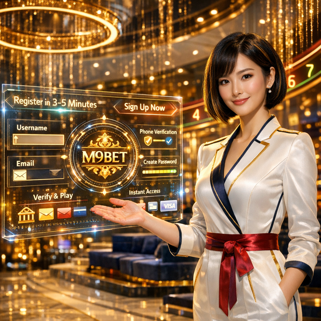 Professional Asian presenter demonstrating M9BET quick 3-5 minute registration process with holographic sign-up interface for online casino Singapore real money players using local Southeast Asian bank transfers and e-wallets.
