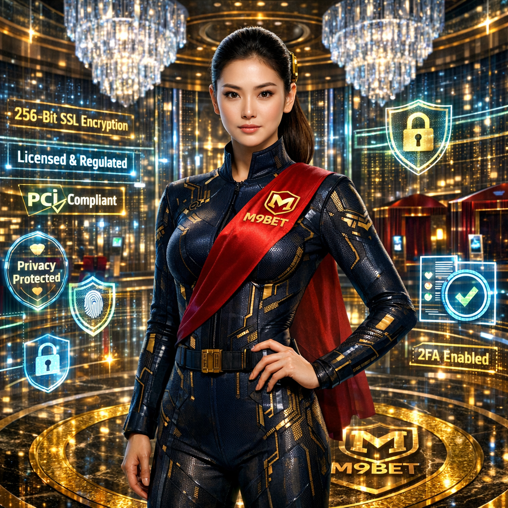 Professional Asian security expert in M9BET transparent vault showcasing 256-bit SSL encryption, licensing, PCI compliance, and 2FA protection for online casino Singapore real money player data and financial transactions.
