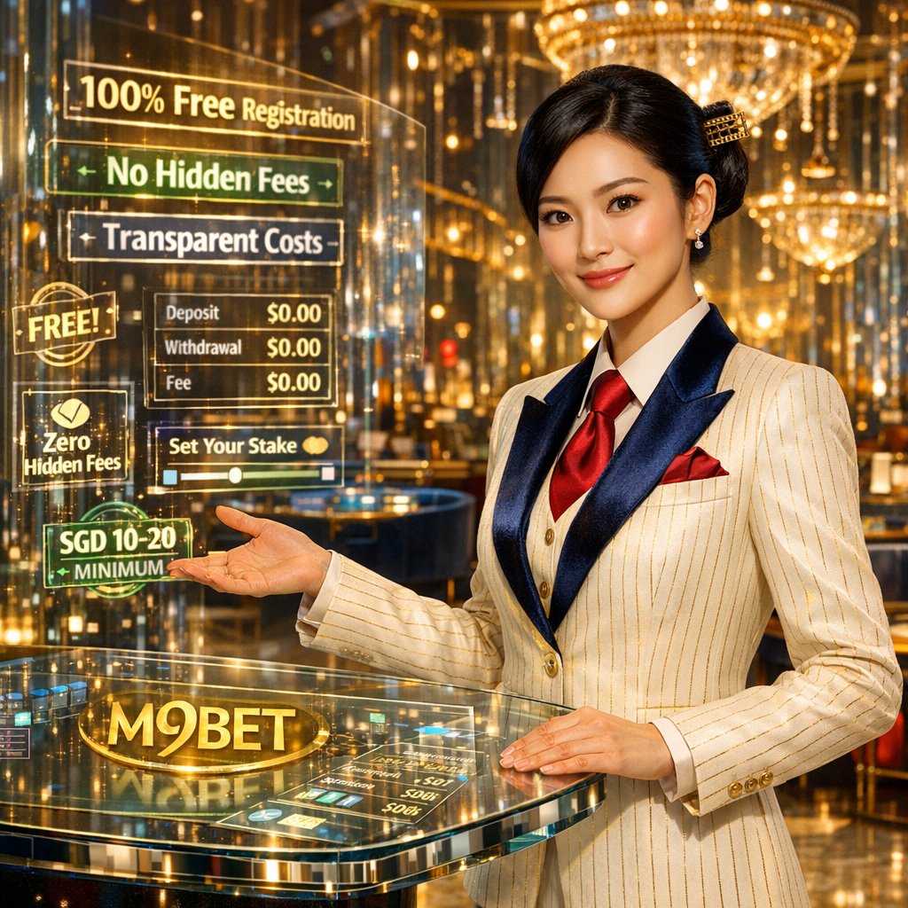 Professional Asian presenter at M9BET transparency hall showcasing zero hidden fees, free registration, low SGD 10-20 minimum deposits, and clear withdrawal limits for online casino Singapore real money players.
