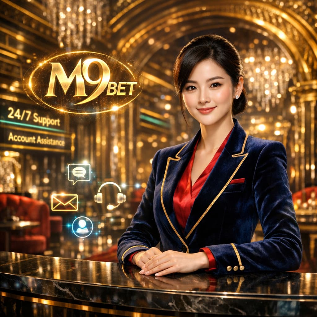 Professional Asian support presenter at M9BET luxury casino concierge desk, offering 24/7 customer assistance for online casino Singapore real money account registration and gaming support services.
