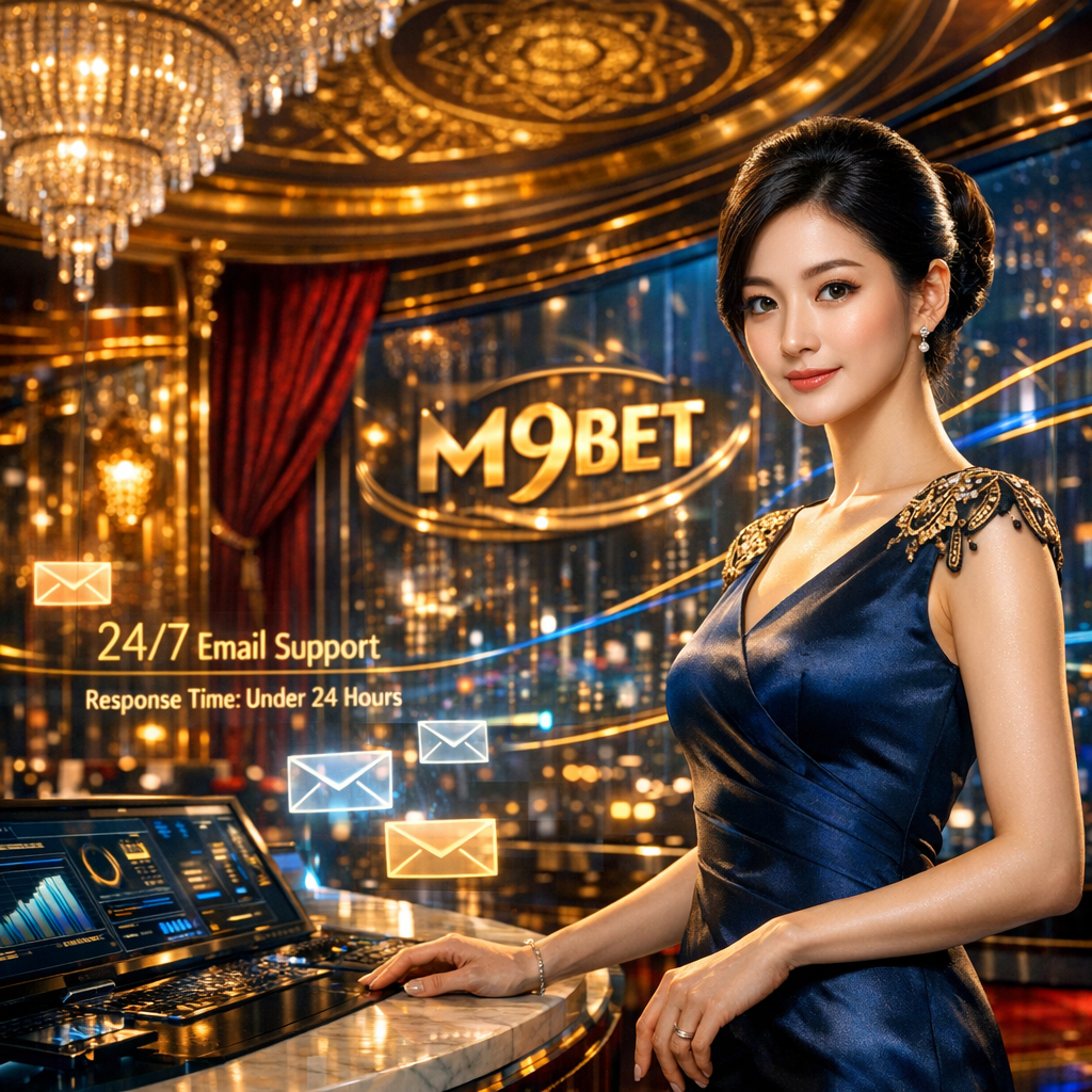 Professional Asian presenter at M9BET luxury casino digital support hub showcasing 24-hour email support services for online casino Singapore real money players with fast Southeast Asian response times.
