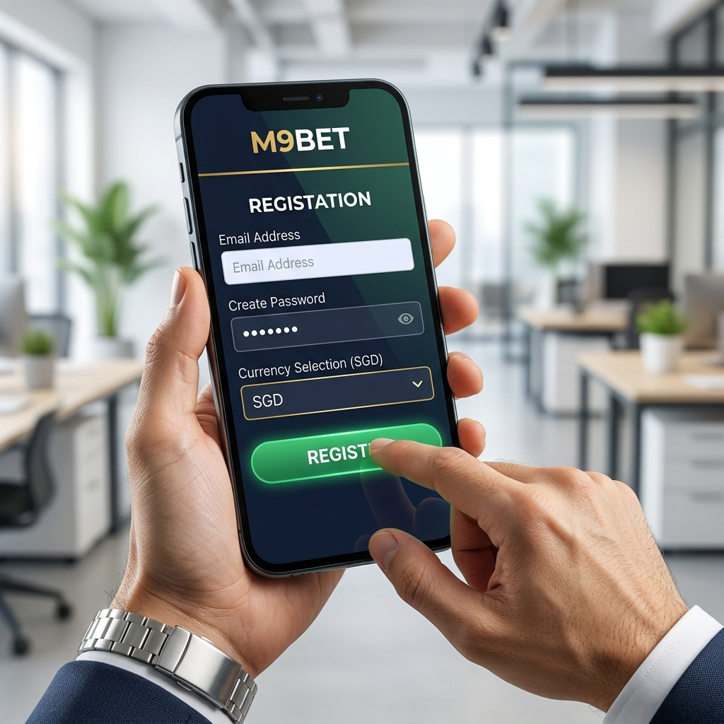 A photorealistic 8k image illustrating the simple, step-by-step process of creating an M9bet account. A hand interacts with a mobile interface showcasing the registration page, emphasizing ease of use and security. The M9BET logo is subtly displayed, highlighting the platform’s user-friendly design for new Singaporean users. This high-production commercial photograph promotes quick account setup and access to M9bet’s online sports betting services.

