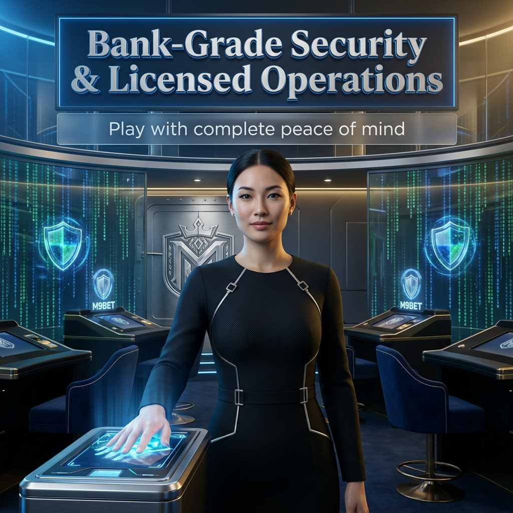 Professional Asian presenter demonstrating M9BET's bank-grade SSL encryption security and international gaming licenses in a futuristic high-security casino fortress, ensuring complete peace of mind for player data and fund protection.
