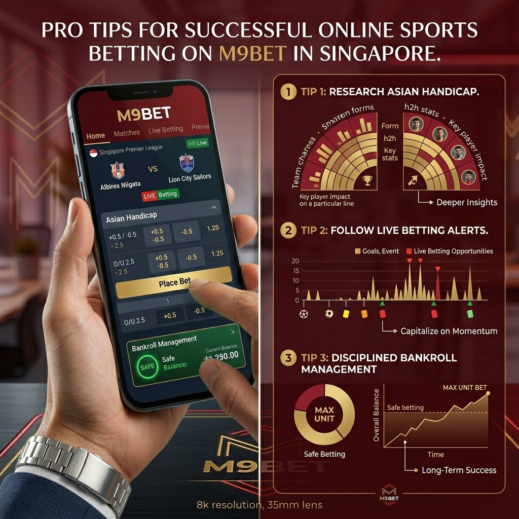 A photorealistic 8k image illustrating pro tips for successful online sports betting on M9bet in Singapore. The image features a split-screen composition showcasing a hand placing a bet and key data points related to Asian Handicap, live betting, bankroll management, and combo boosts. The M9BET logo is subtly displayed, emphasizing the platform’s helpful resources and promoting responsible betting strategies for Singaporean users.

