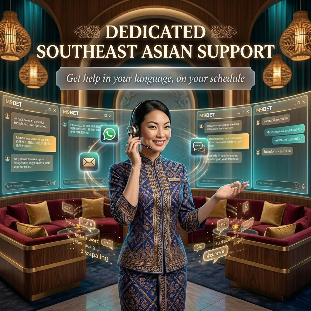 Professional Asian support concierge showcasing M9BET's 24/7 multilingual customer service for Singapore and Southeast Asian players via live chat, WhatsApp, and email in a luxurious cultural hospitality hub.
