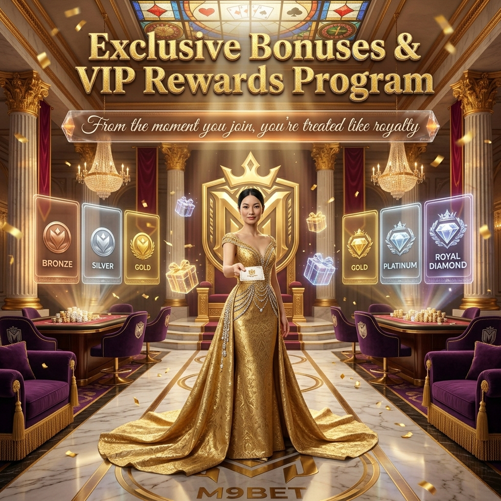 Regal Asian presenter showcasing M9BET's exclusive VIP rewards program with generous welcome bonuses, cashback, free spins, and loyalty tournament access in a luxurious casino throne room setting.
