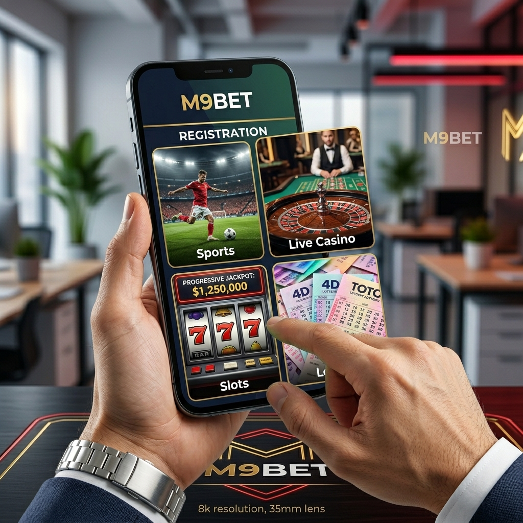 A photorealistic 8k image showcasing the extensive game variety available on M9bet, including sports betting, live casino games, slots, and regional lotteries. The image features a dynamic collage of elements representing each category, highlighting the platform’s diverse entertainment options for Singaporean players. The M9BET logo is subtly integrated, emphasizing the platform’s comprehensive offerings and high-production commercial appeal.

