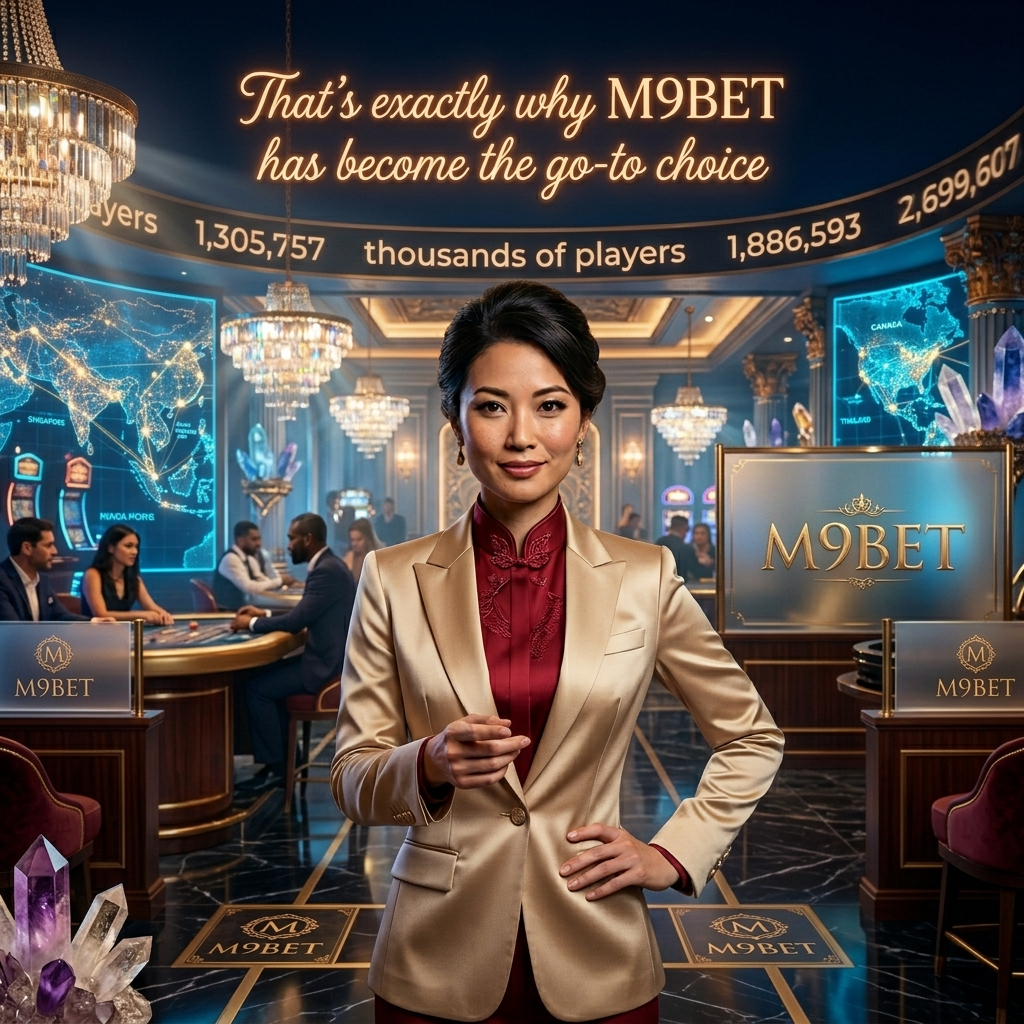 Confident Asian presenter showcasing M9BET as the premier online casino choice for thousands of players across Singapore, Malaysia, Thailand, and beyond in a luxurious high-tech gaming command center environment.
