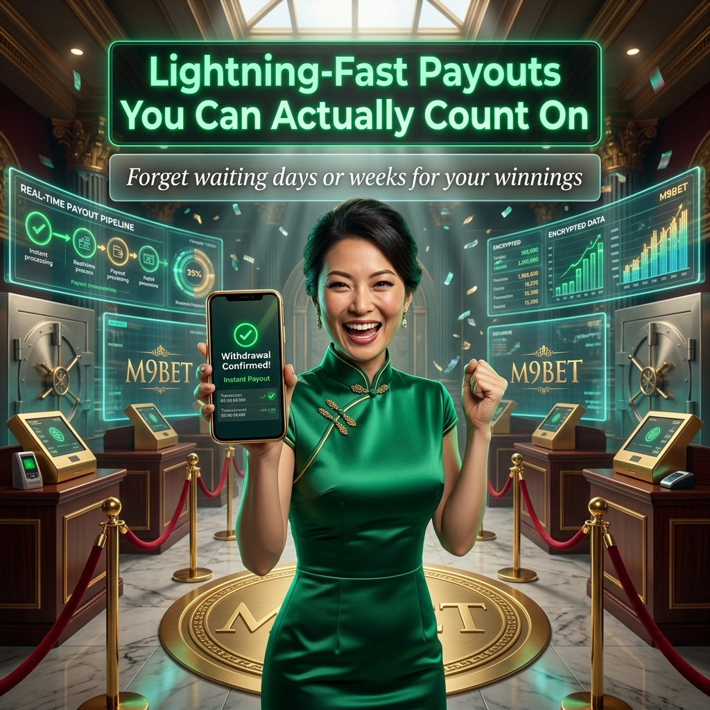 Professional Asian presenter celebrating M9BET's lightning-fast instant payouts and secure Singapore-friendly payment options including bank transfers, e-wallets, and cryptocurrency in a luxurious high-tech casino vault environment.
