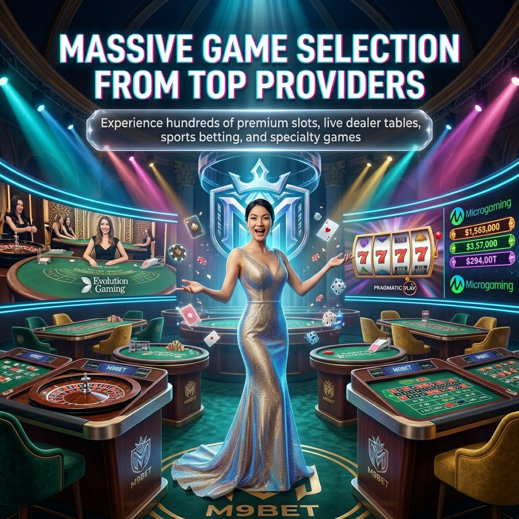 Dynamic Asian presenter showcasing M9BET's massive premium game selection from Evolution Gaming, Pragmatic Play, and Microgaming including live dealer tables, slots, and sports betting in an immersive futuristic casino gaming cathedral.
