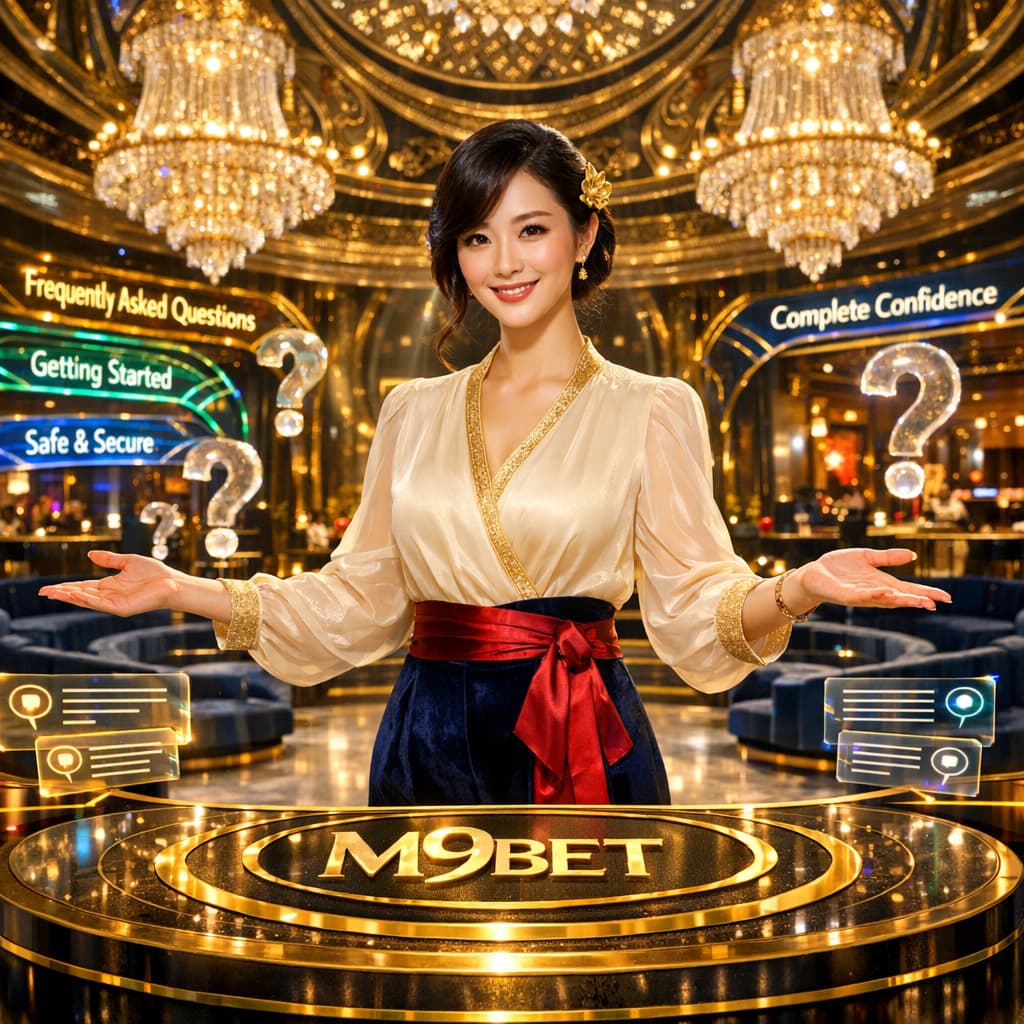 Professional Asian presenter at M9BET luxury casino FAQ grand atrium providing clear trustworthy answers for online casino Singapore real money players seeking safe secure worry-free gaming guidance across Southeast Asia.
