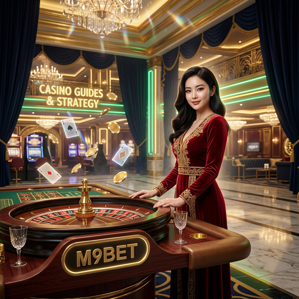 Professional Asian presenter in luxury M9BET casino setting with roulette table, showcasing online casino Singapore real money gaming guides and expert strategy resources for beginners and seasoned players.
