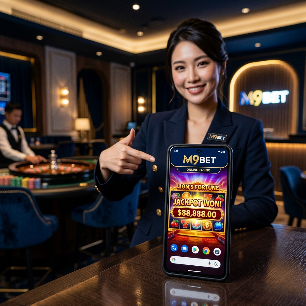 A photorealistic 1:1 image promoting M9BET Online Casino in Singapore, showcasing the M9BET app on a smartphone with a jackpot notification. A professional Asian female presenter and luxurious casino lounge elements create a visually appealing scene emphasizing premium gaming, trustworthiness, and easy access to thrilling online casino entertainment across Southeast Asia. The M9BET logo is subtly integrated.
