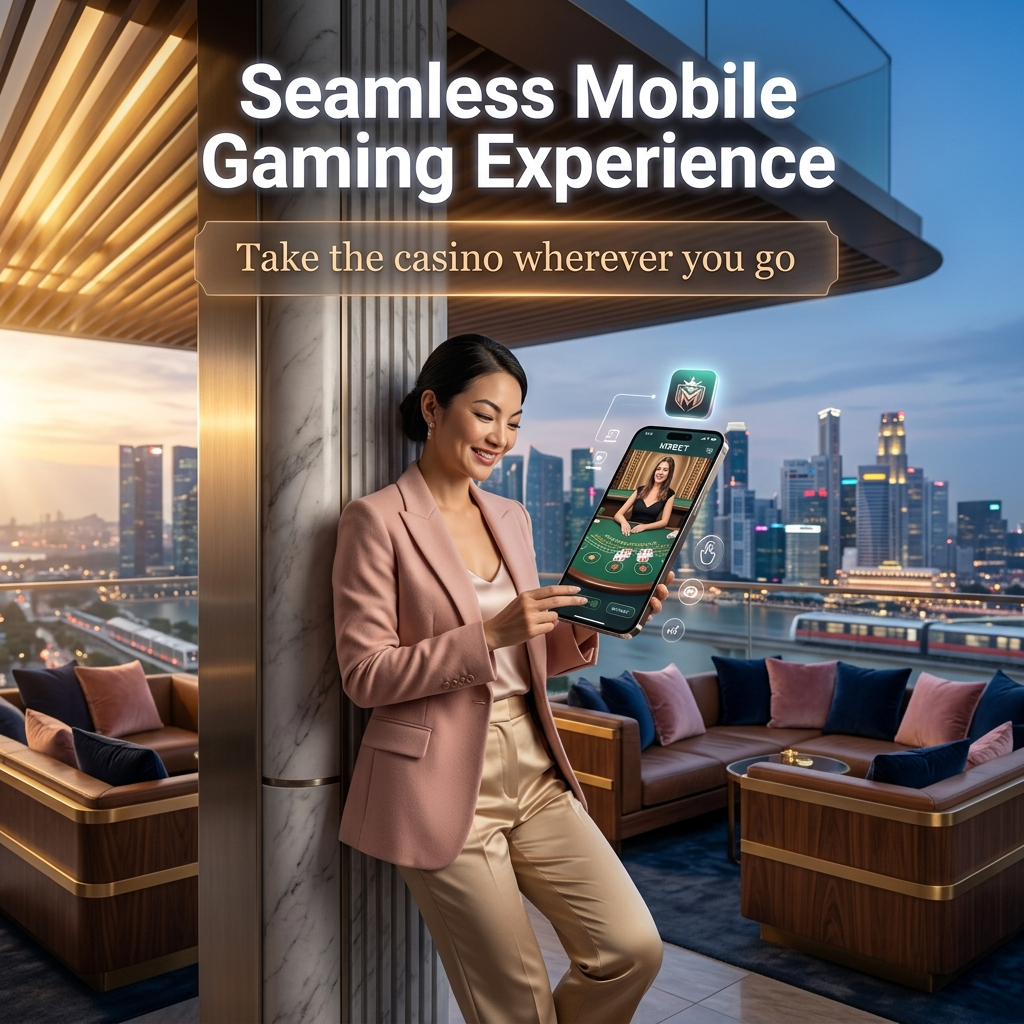 Stylish Asian presenter enjoying M9BET's seamless mobile gaming experience on a premium smartphone in a luxurious Singapore rooftop lounge, showcasing instant no-download access to favorite casino games anywhere anytime.
