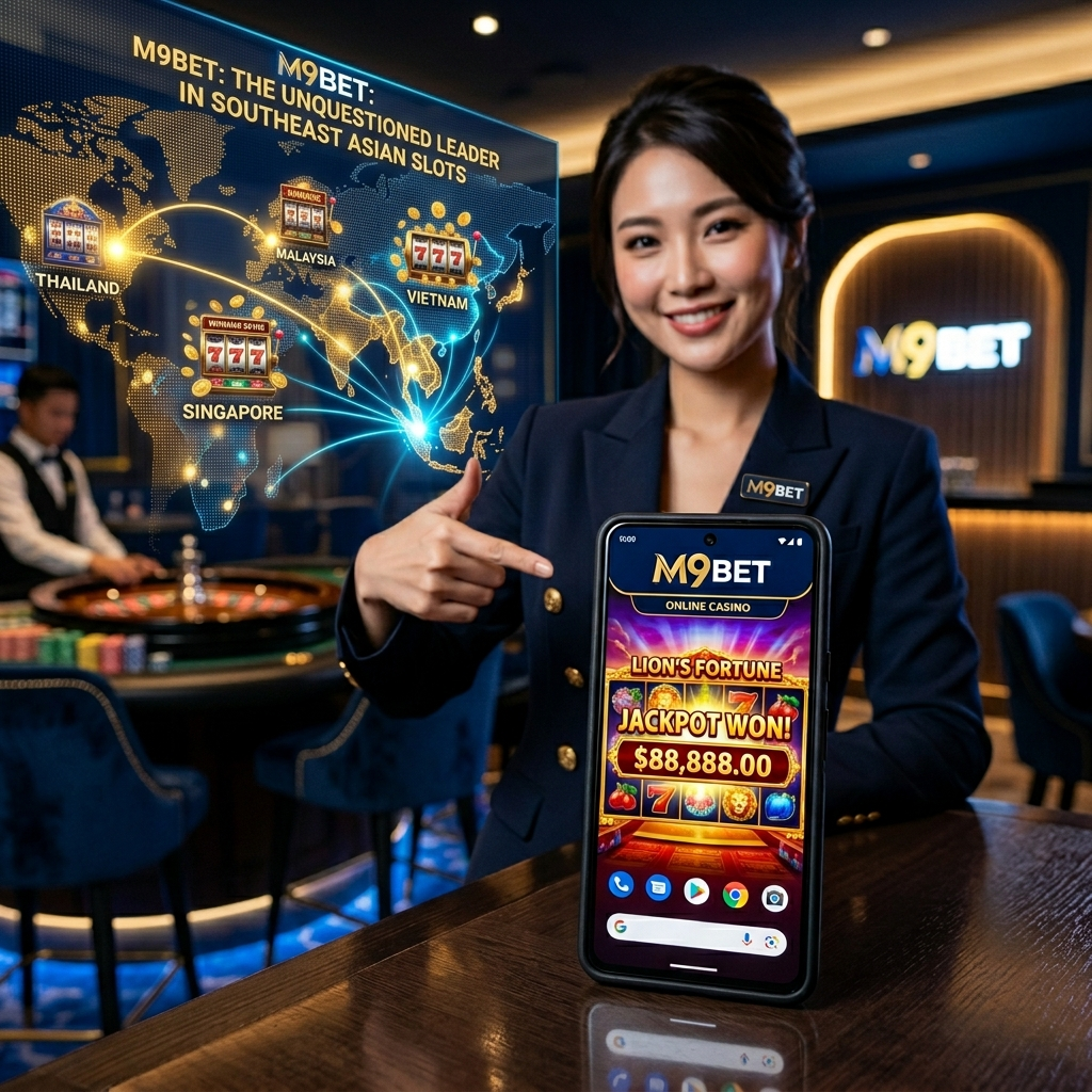 A photorealistic 1:1 image showcasing M9BET’s leadership in the Southeast Asian online slots market. A stylized world map highlights Singapore and other key countries, overlaid with slot machine icons and winning animations. A professional Asian female presenter holds a smartphone displaying the M9BET app with a global gaming interface. The image emphasizes the platform’s global reach, security, and culturally relevant themes, using a color palette of navy, gold, and neon accents. The M9BET logo is subtly displayed.

