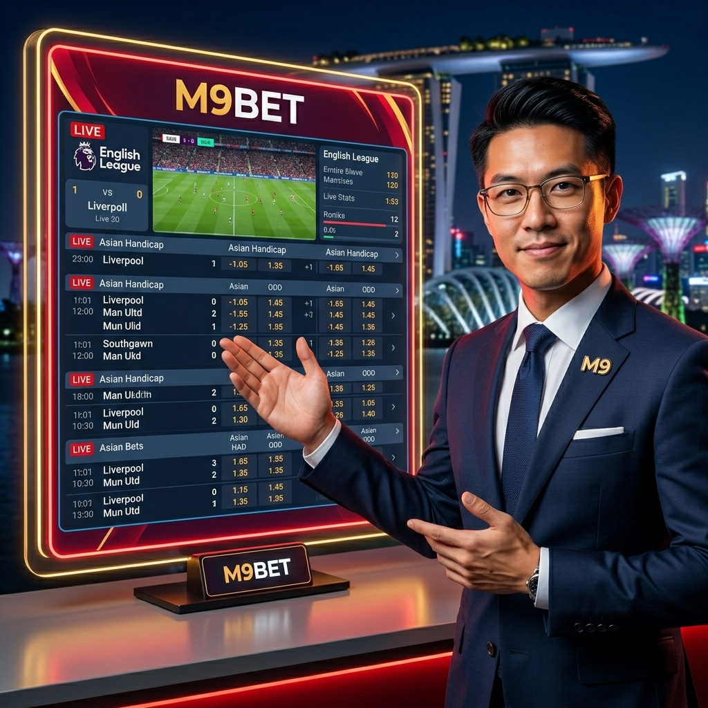 A photorealistic 8k image promoting M9bet for online sports betting in Singapore. A confident Asian male sports analyst gestures towards a digital display showcasing live football odds and the M9BET logo. The scene incorporates subtle Singaporean landmarks and vibrant neon accents, emphasizing reliability, excitement, and competitive Asian Handicap odds for Singaporean bettors. This high-production commercial photograph highlights M9bet’s localized features and user-friendly mobile interface.

