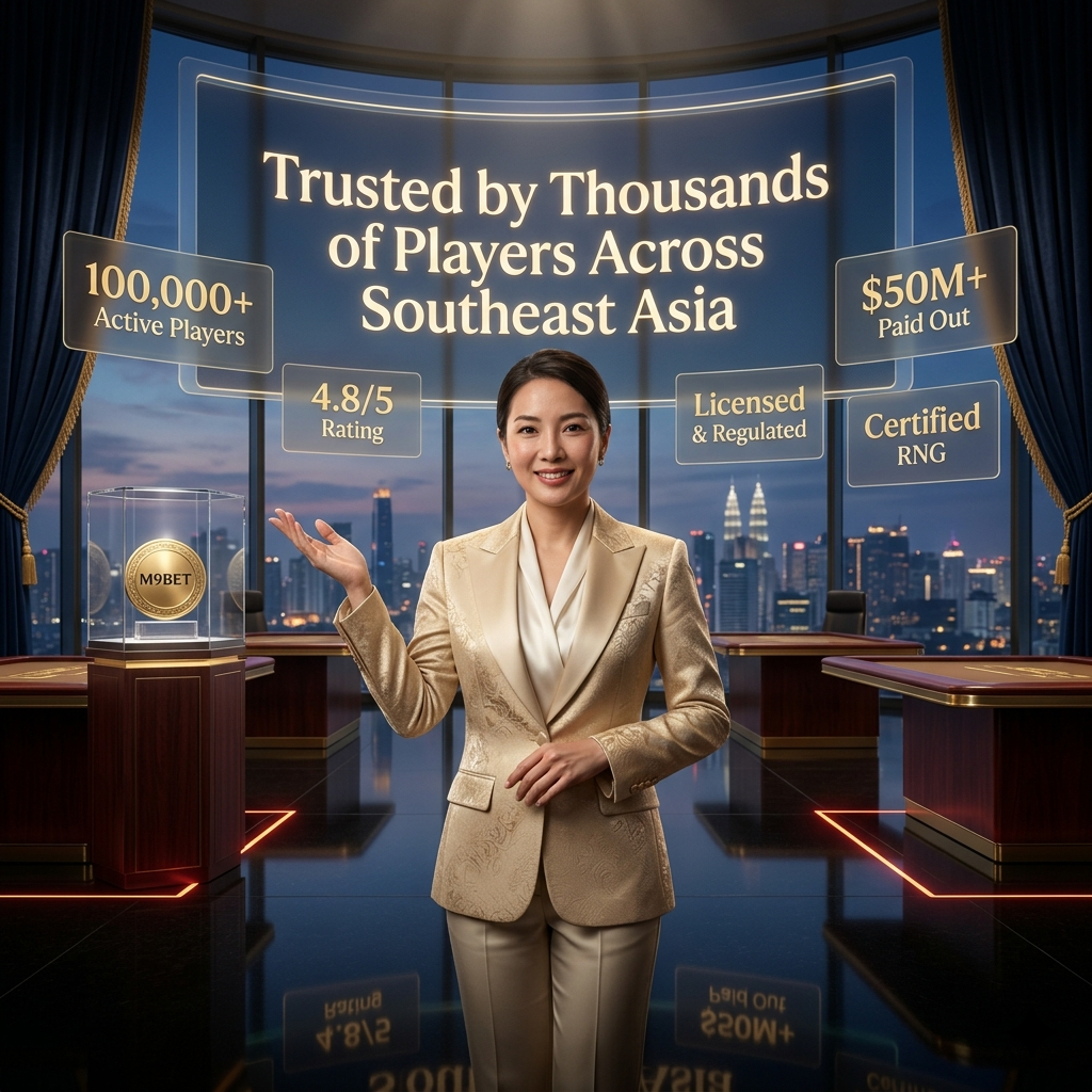 Professional Asian casino representative presenting M9BET's trusted Southeast Asia gaming community with 100,000 active players, 4.8 star rating, licensed regulation, 99.7% uptime, $50M payouts, and certified fair RNG systems in a luxury executive lounge.
