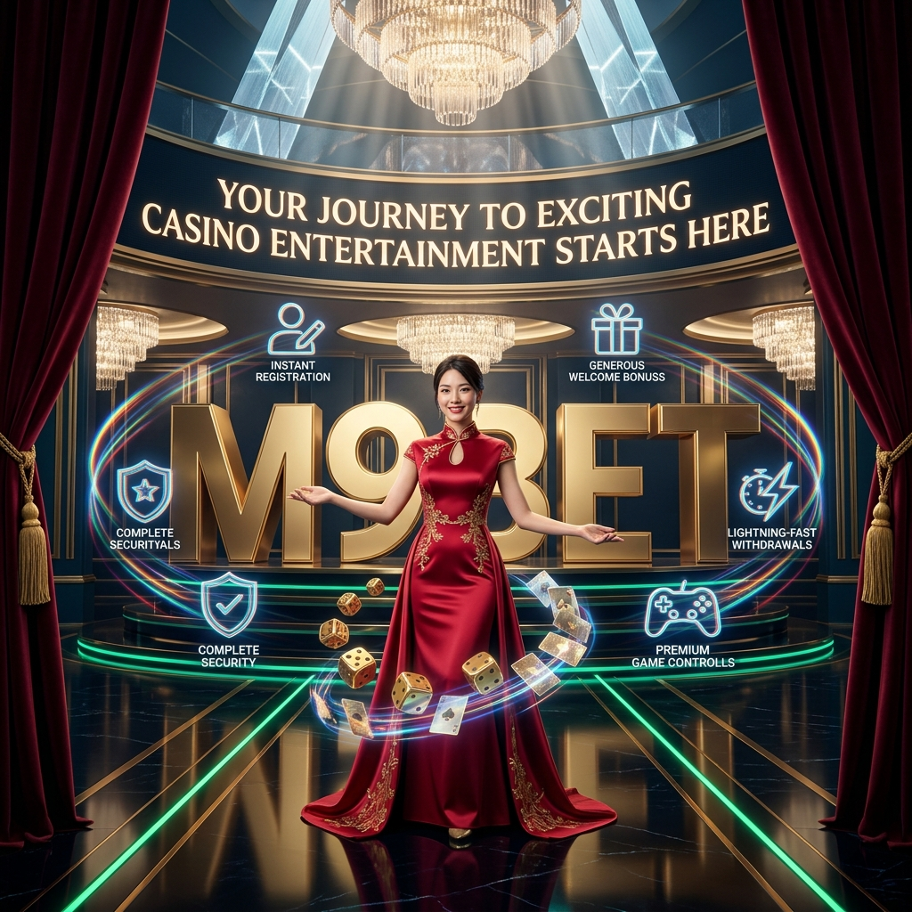 Stunning Asian casino presenter welcoming players to M9BET online casino Singapore with generous welcome bonuses, instant registration, secure fast withdrawals, and hundreds of premium games in a luxurious golden gaming foyer.
