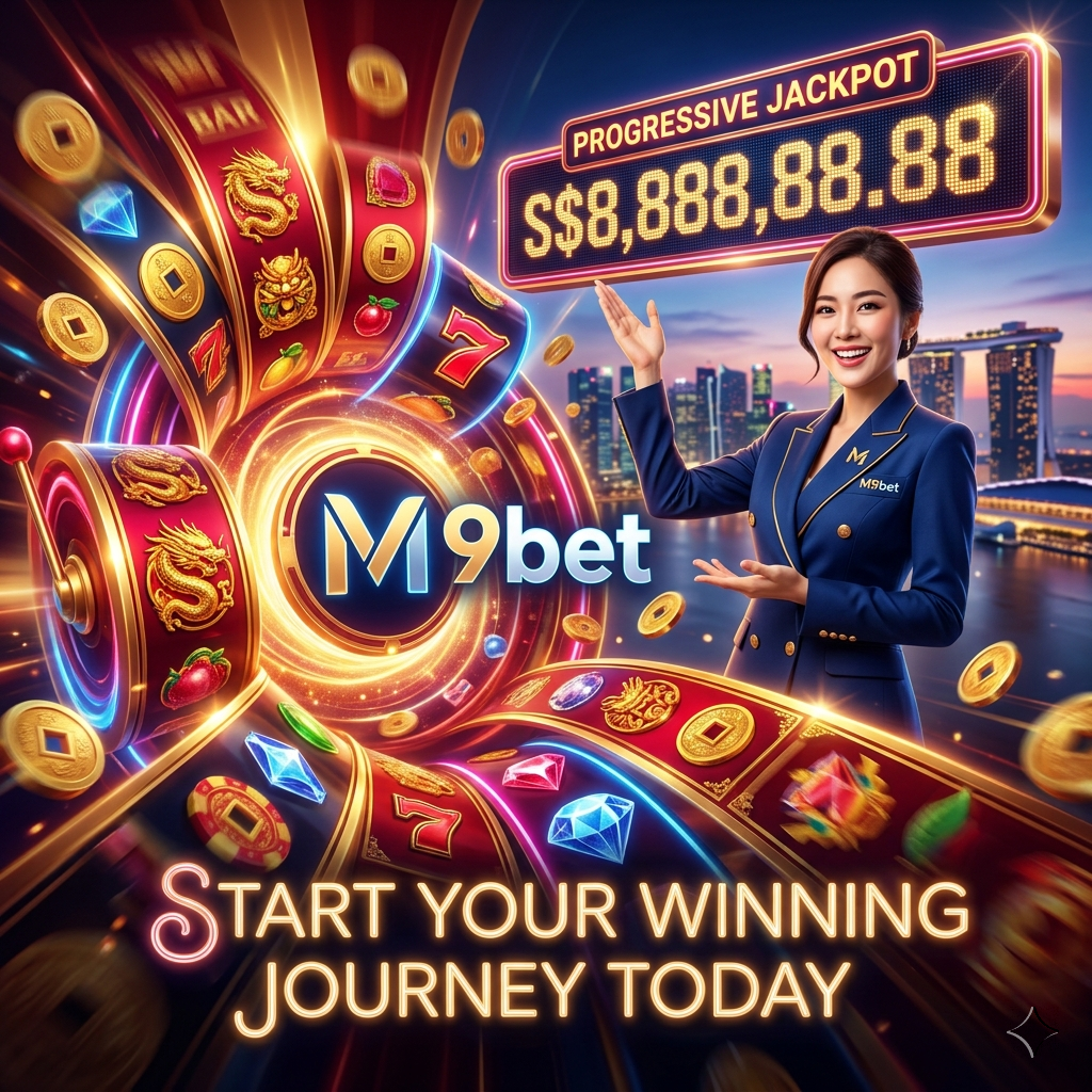 A photorealistic 8k image showcasing the exciting conclusion of the M9bet online slots experience. A professional Asian presenter celebrates a large progressive jackpot, surrounded by vibrant slot game elements and a blurred Singapore cityscape. The image emphasizes winning opportunities and regional appeal, encouraging players to register at M9bet for exclusive rewards. Start your winning journey today with M9bet!



