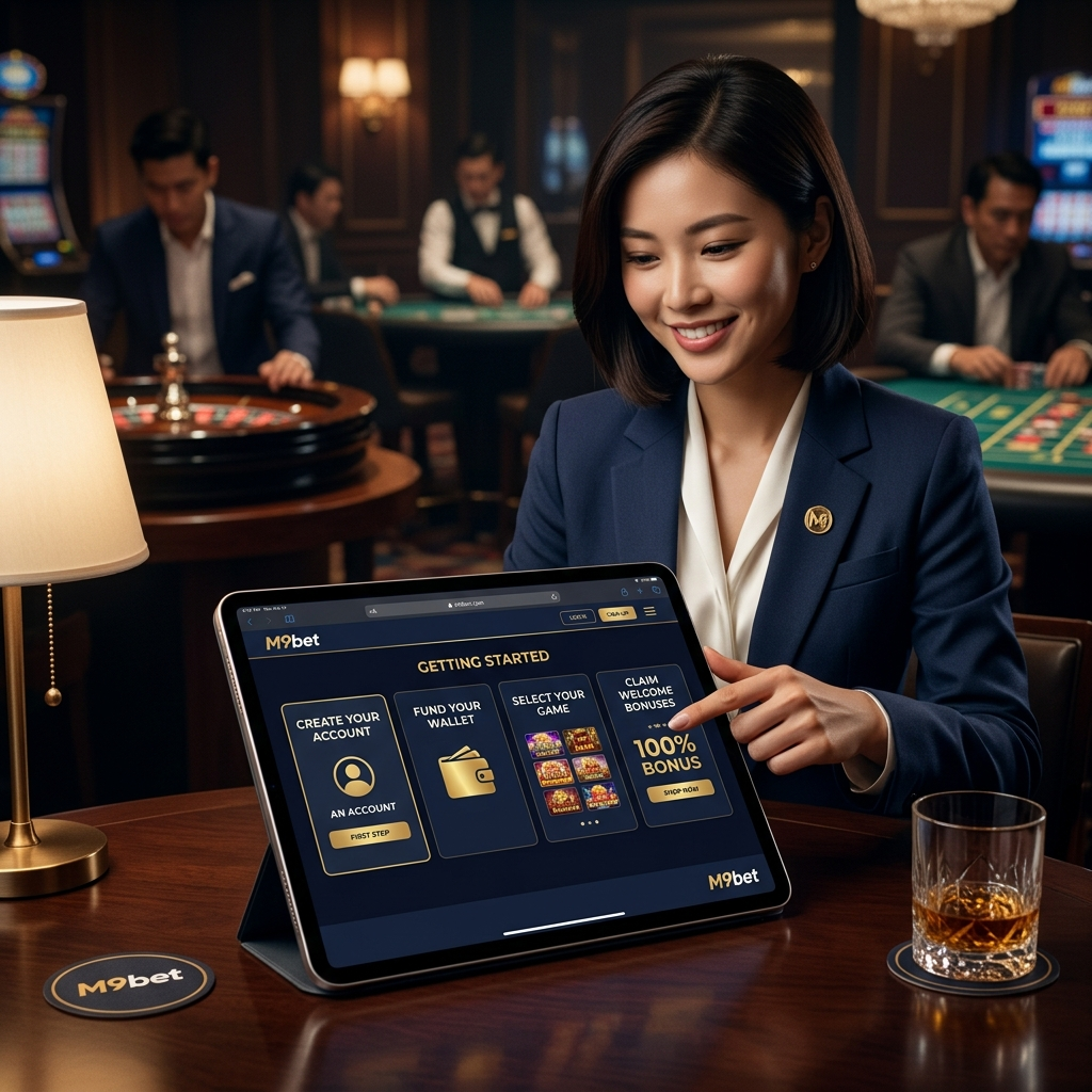 A photorealistic 8k image showcasing the easy steps to start playing online slots at M9bet. A professional Asian presenter demonstrates account creation, wallet funding, game selection, and welcome bonuses on a tablet. The image features the M9bet logo, casino ambiance, and clear text highlighting the streamlined registration process for Singapore and regional players. Experience seamless online casino gaming with M9bet.

