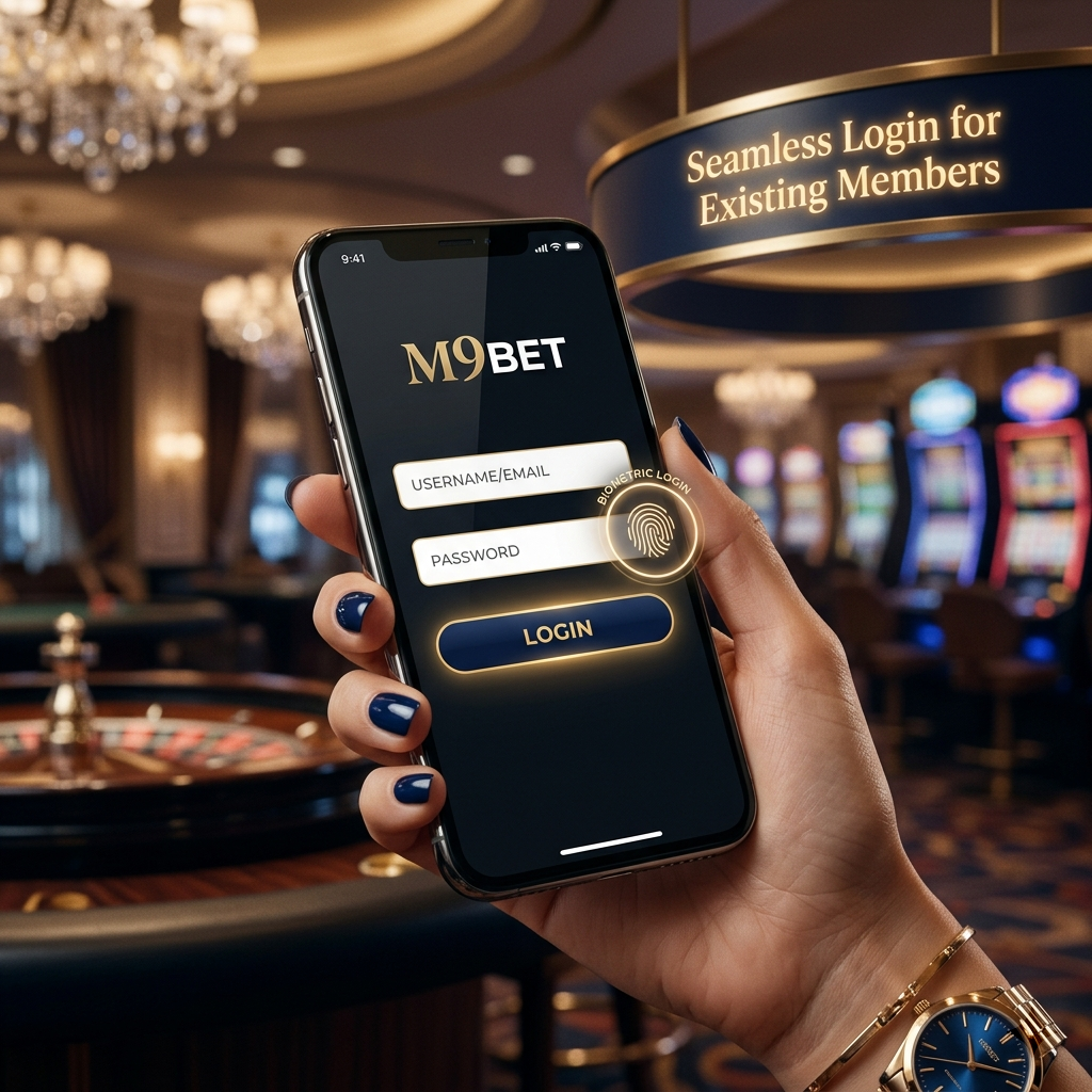 A photorealistic 8k image showcasing the seamless login process for returning players on M9bet. A smartphone displays the M9bet login screen with biometric authentication options. The image highlights ease of access, security, and personalized gaming experiences. Existing members can quickly resume their online slots sessions and access loyalty points and bonuses. Experience effortless gaming with M9bet.

