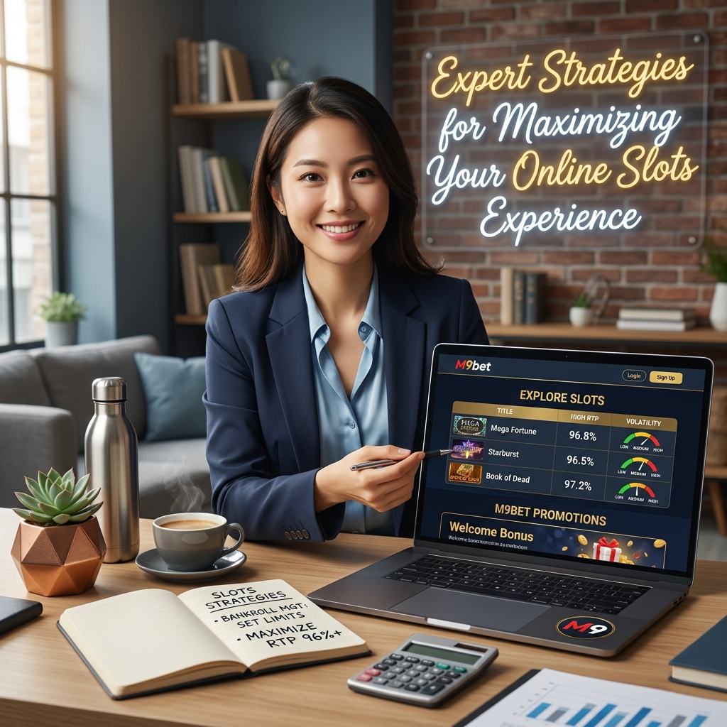 A photorealistic 8k image showcasing expert strategies for maximizing the online slots experience on M9bet. A professional Asian presenter demonstrates RTP, volatility, and bankroll management techniques using a laptop displaying the M9bet website. The image highlights responsible gaming tools and regional promotions for Southeast Asian players. Learn how to play online slots smarter with M9bet.

