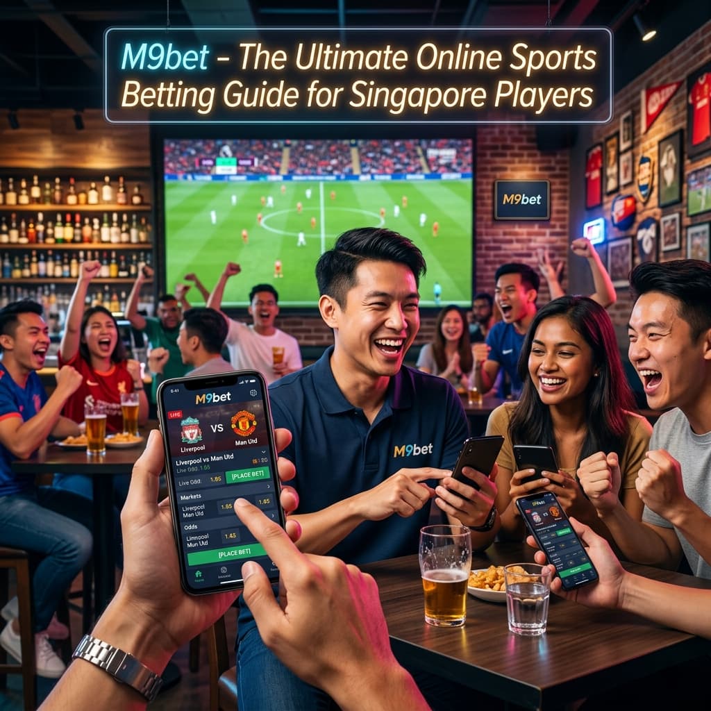 A photorealistic 8k image showcasing M9bet as the ultimate online sports betting destination for Singapore players. Enthusiastic fans are shown placing bets on their smartphones in a vibrant sports bar setting. The image highlights competitive odds, diverse gaming options, and a trusted platform for sports wagering and casino entertainment in Southeast Asia. Join M9bet today and experience the thrill of online sports betting!